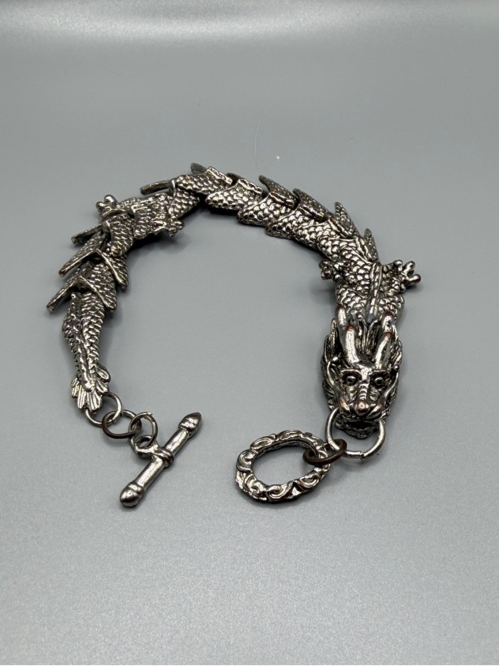 Vintage Dragon Link Toggle Bracelet in Antique Silver Tone